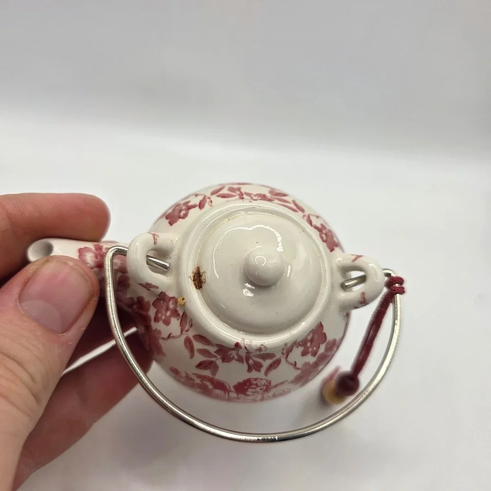 Vintage Miniature Porcelain Teapot Ornaments Pair Red Cherub Floral Made in Chin